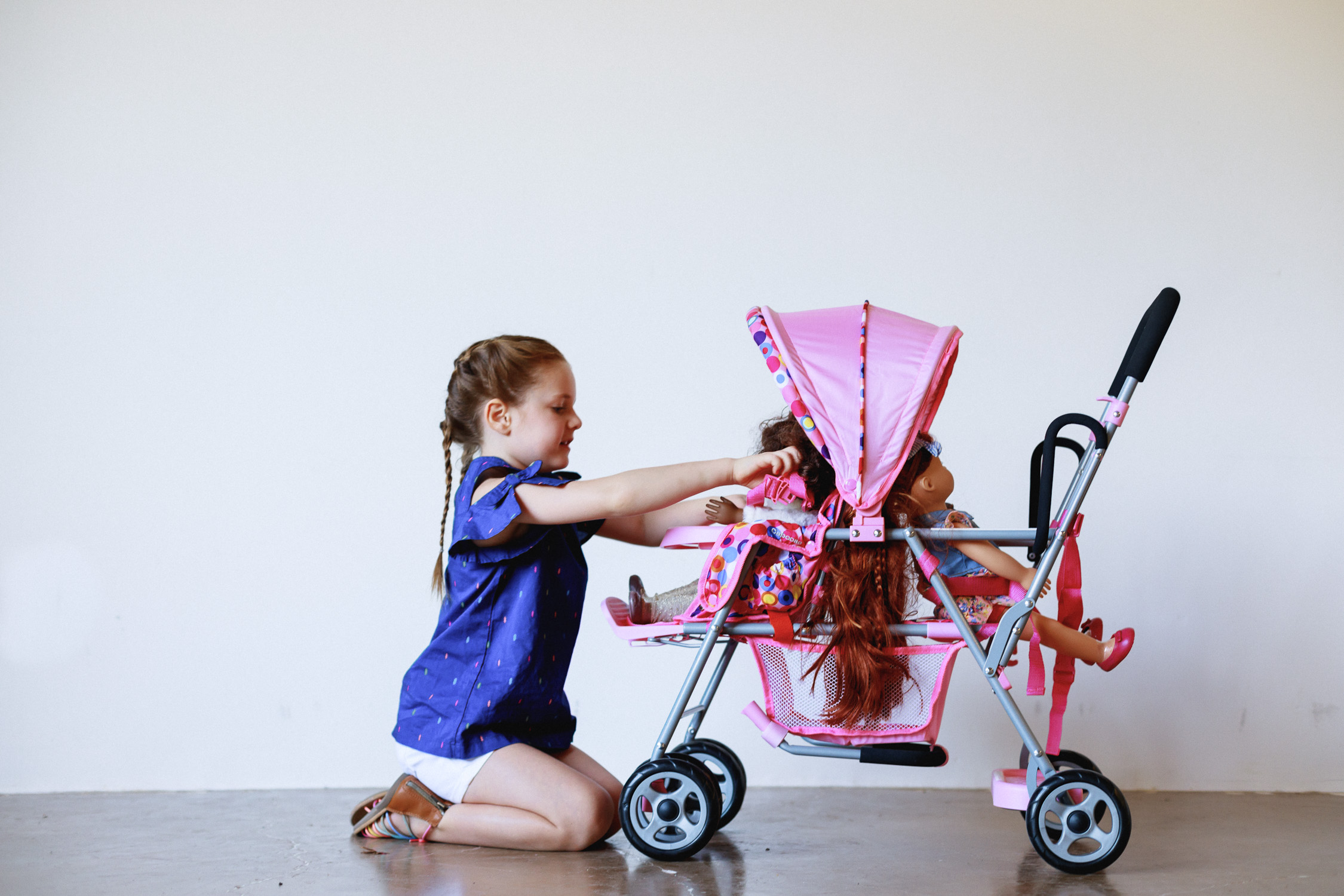 Joovy Toy Doll Caboose Tandem Stroller Blue Dot Kids Toy Fits dolls up to 20" 